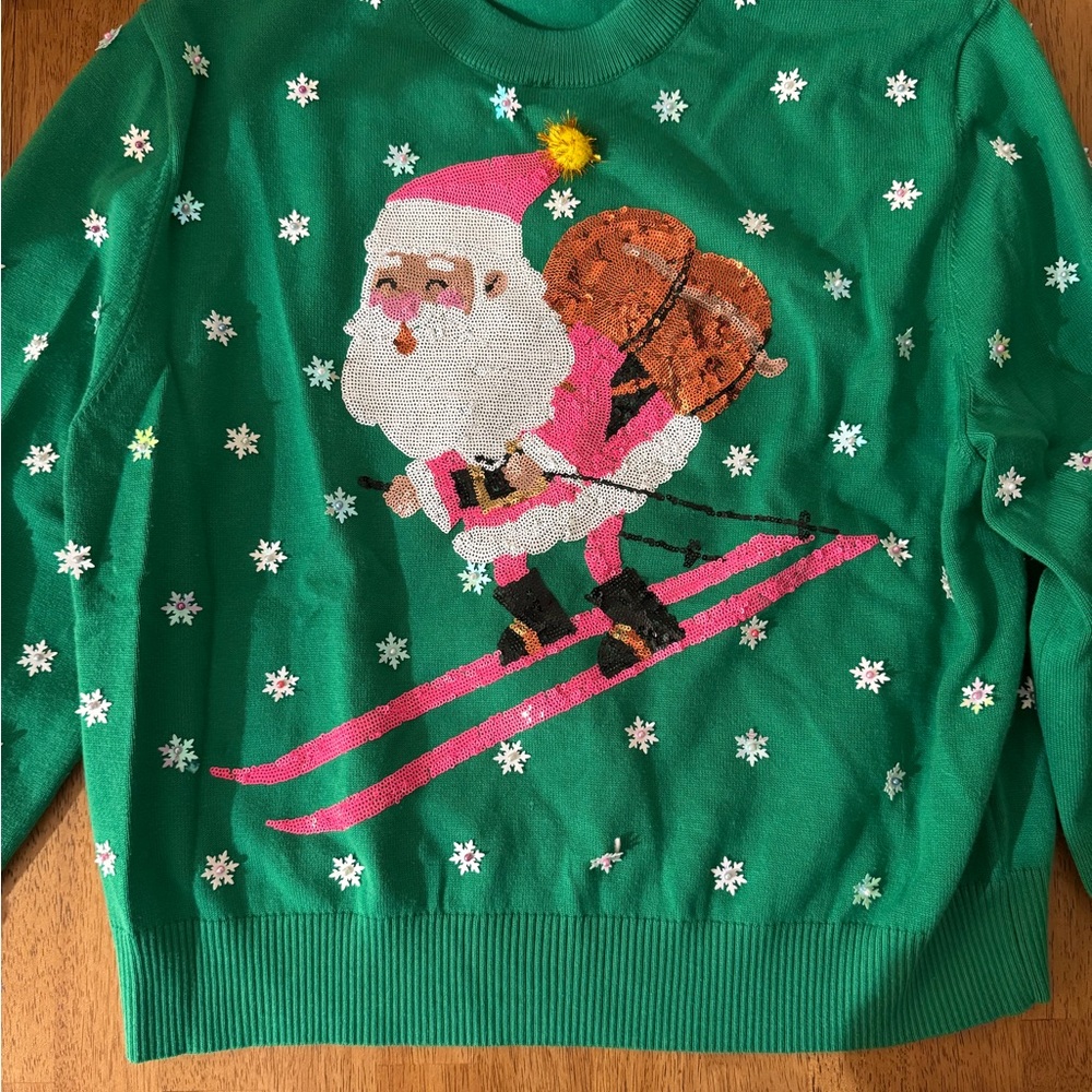 QUEEN OF SPARKLES Green Santa Skiing Crewneck Sweater